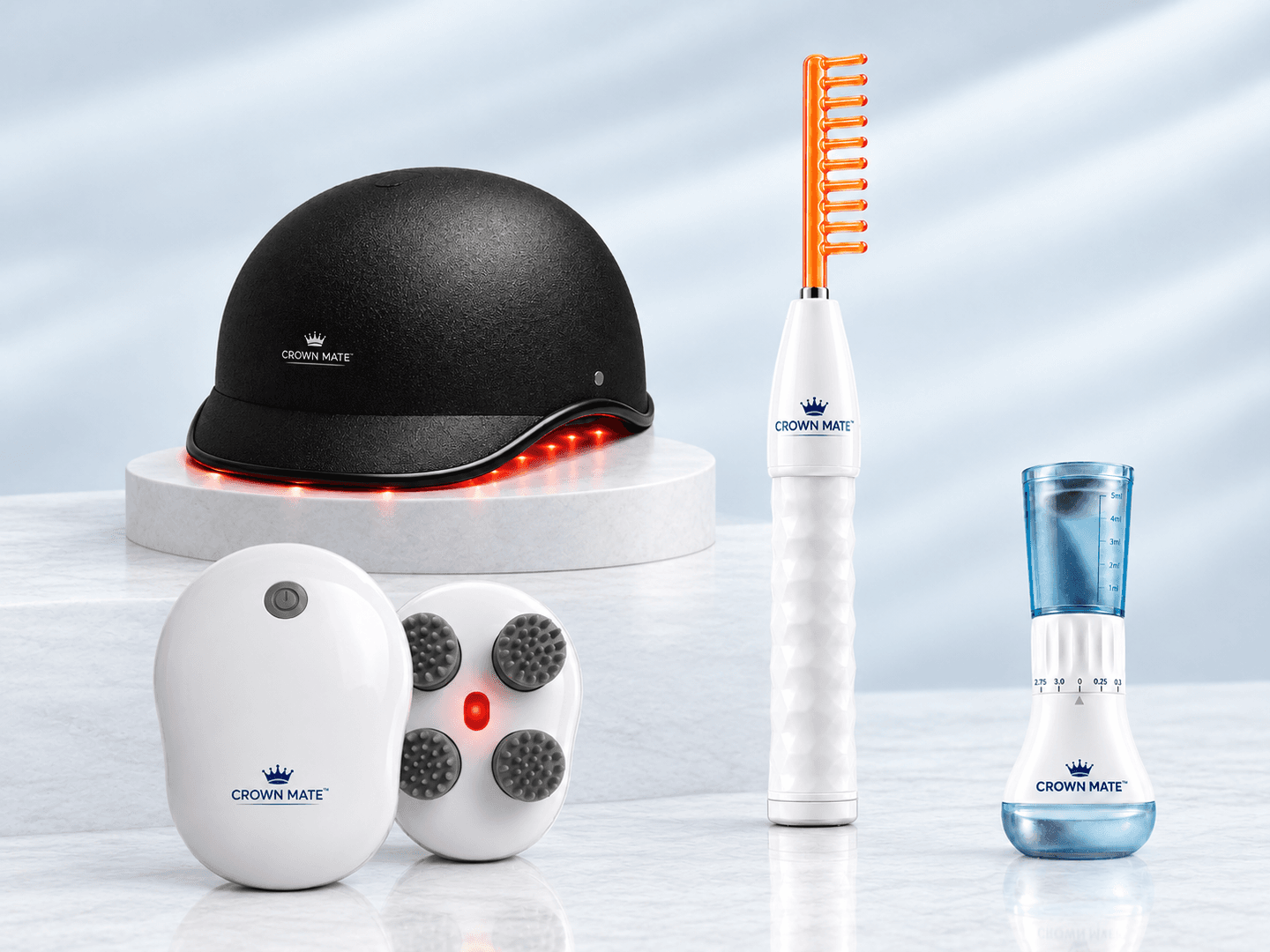The Crownmate range: RedLight Helmet, HF Wand, Pulse Pro Massager and Serum Stamp