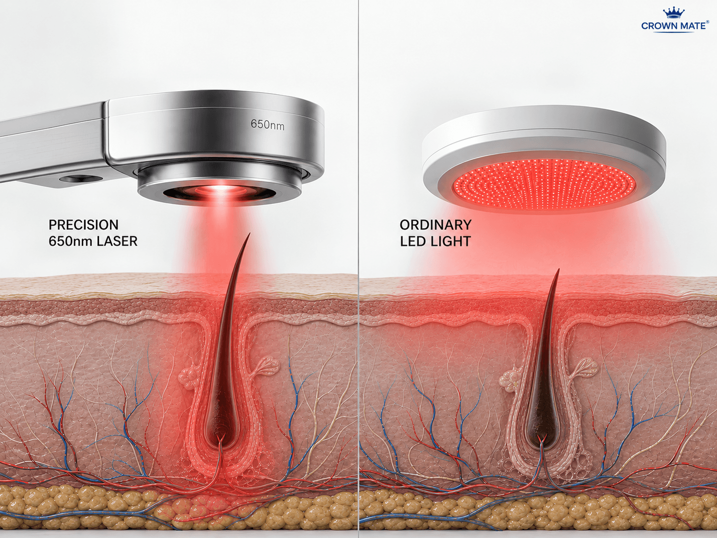 Illustration comparing a focused 650nm laser beam with a wider LED light over the scalp
