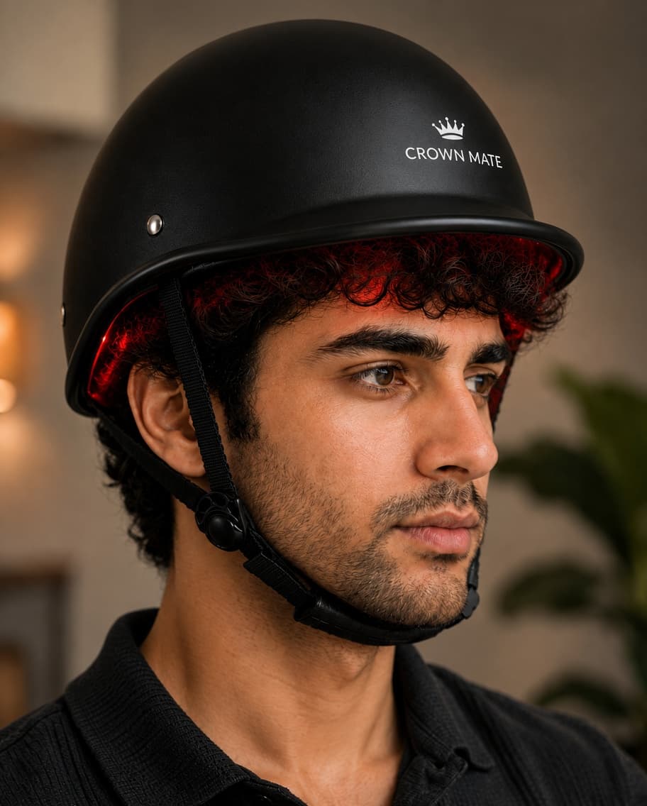 Man wearing the Crownmate RedLight Helmet with red light glowing at the brim