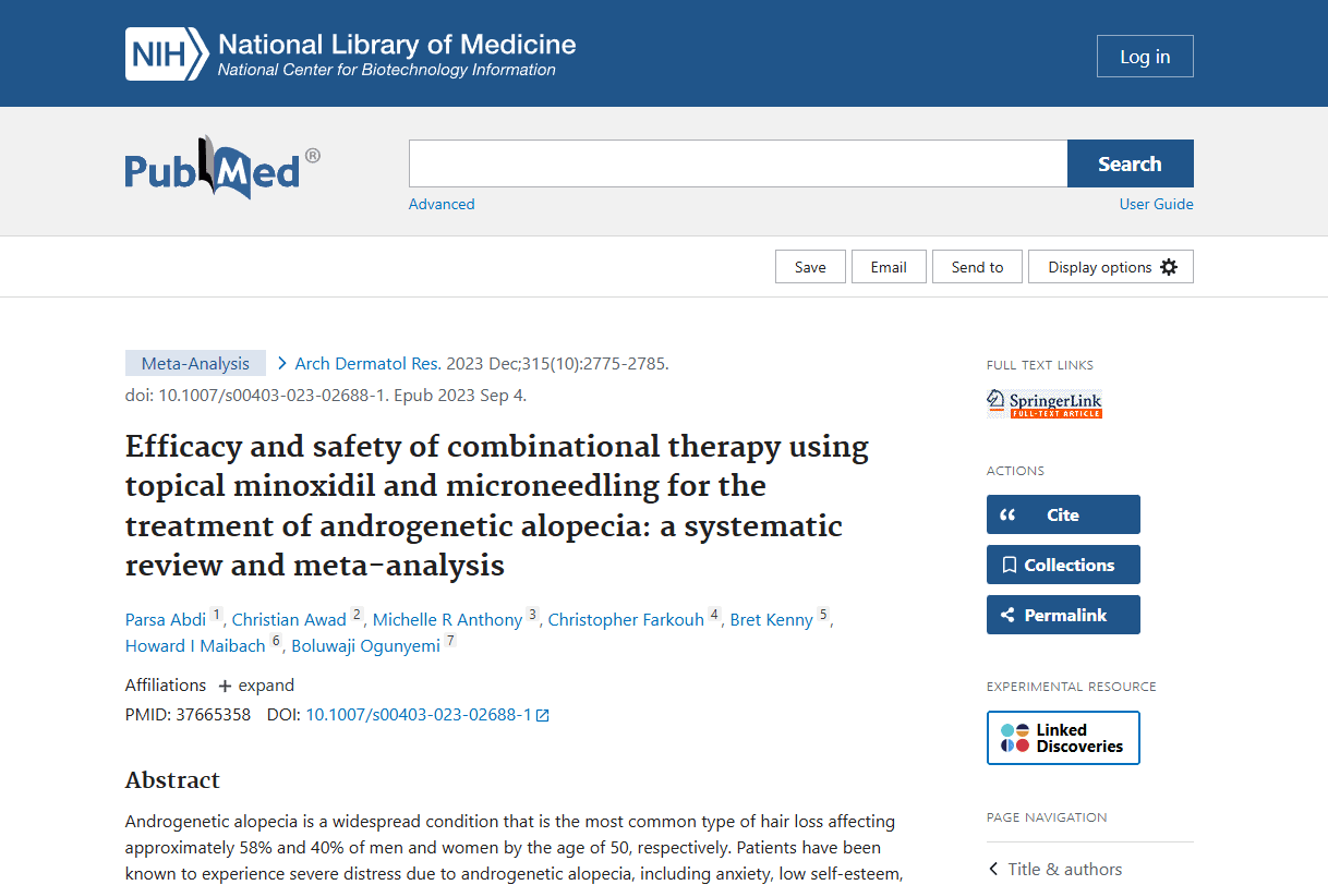 Screenshot of the study: Evaluating the Efficacy and Safety of Combined Microneedling Therapy versus Topical Minoxidil in Androgenetic Alopecia: A Systematic Review and Meta-Analysis