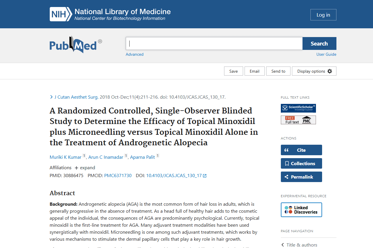 Screenshot of the study: Microneedling and Its Use in Hair Loss Disorders: A Systematic Review