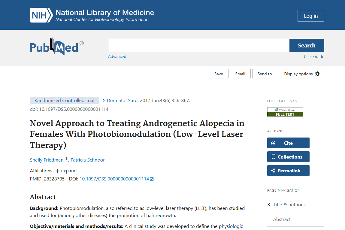 Screenshot of the study: Novel approach to treating androgenetic alopecia in females with photobiomodulation (low-level laser therapy)
