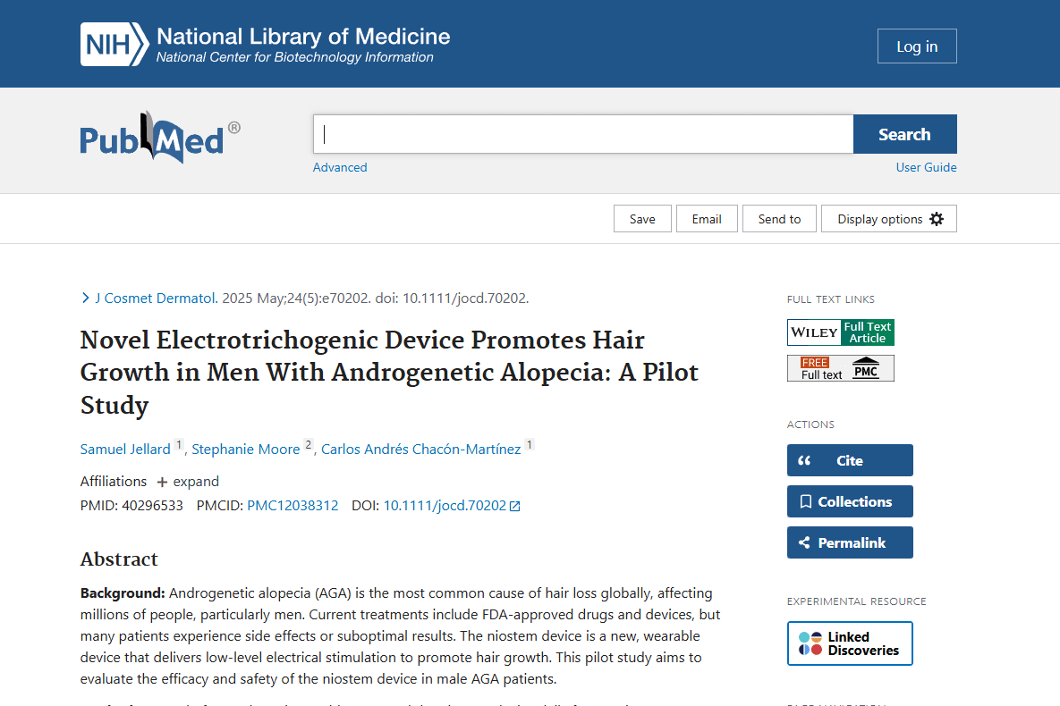 Screenshot of the study: Novel Electrotrichogenic Device Promotes Hair Growth in Men With Androgenetic Alopecia: A Pilot Study