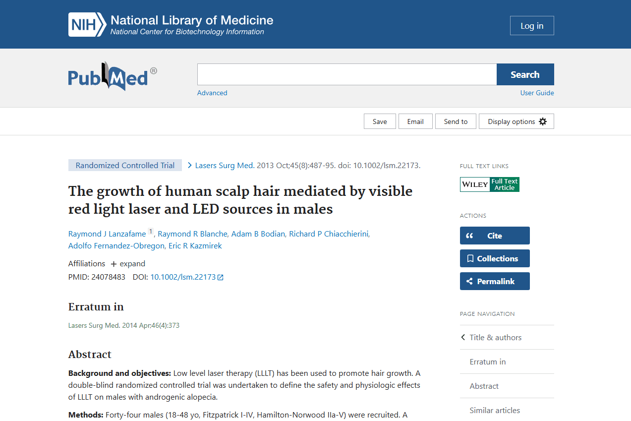 Screenshot of the study: The growth of human scalp hair mediated by visible red light laser and LED sources in males