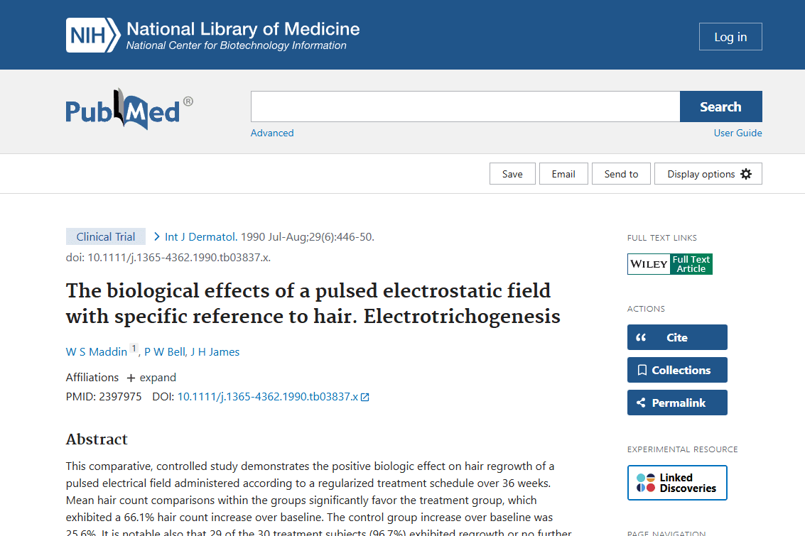 Screenshot of the study: The biological effects of a pulsed electrostatic field with specific reference to hair. Electrotrichogenesis