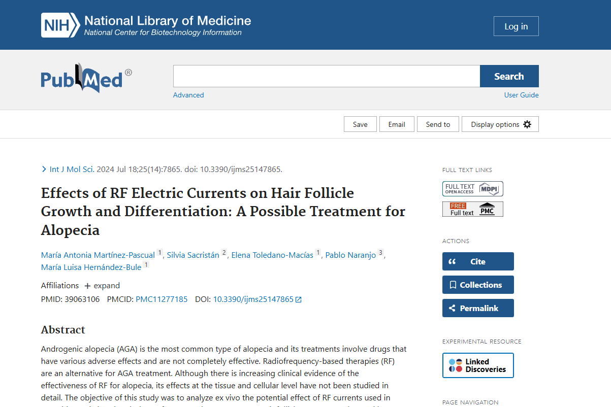Screenshot of the study: Effects of RF Electric Currents on Hair Follicle Growth and Differentiation: A Possible Treatment for Alopecia