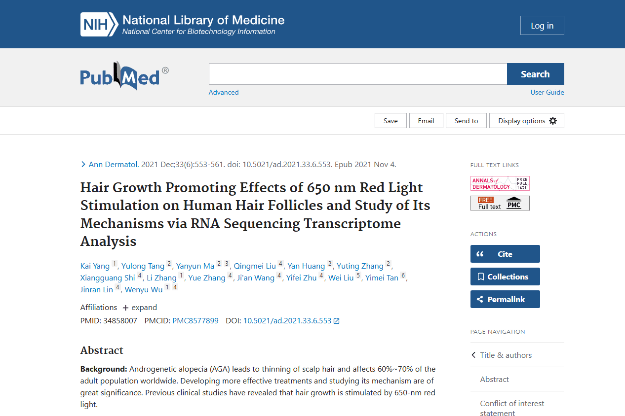 Screenshot of the study: Hair growth promoting effects of 650nm red light stimulation on human hair follicles