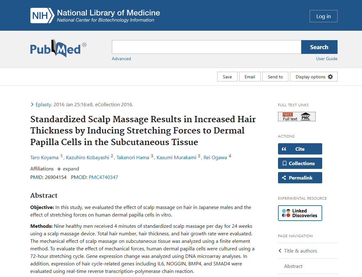 Screenshot of the study: Standardized Scalp Massage Results in Increased Hair Thickness by Inducing Stretching Forces to Dermal Papilla Cells in the Subcutaneous Tissue